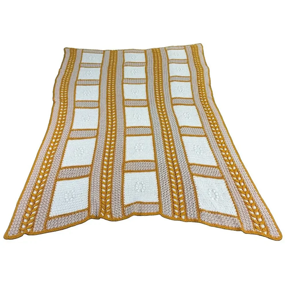 Handmade Crochet Blanket Afghan Throw 70x45 Gold Ivory Tan Vintage Style Charity
